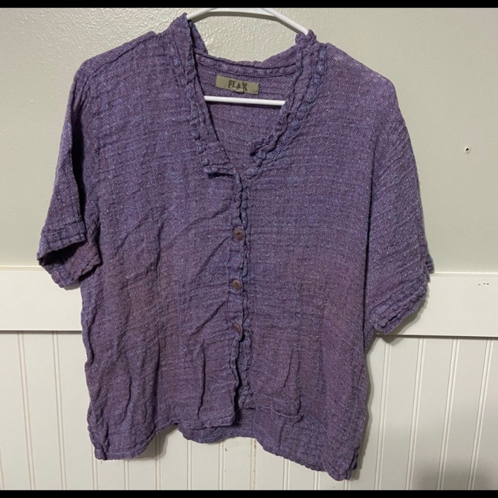Flax Button Down Cropped Linen Short Sleeve Top